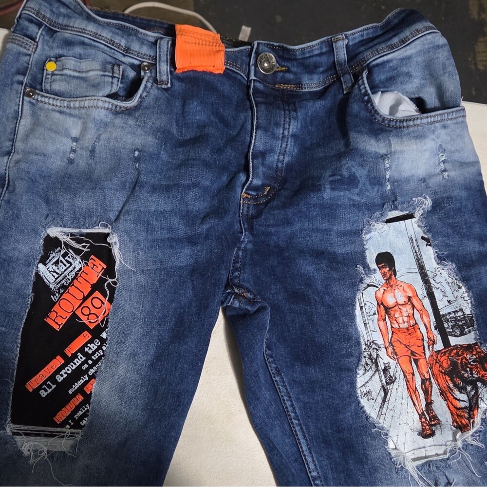 CHARJ Original Denim Slim Fit Blue Distressed Straight Jeans Cotton 5-Pocket Men